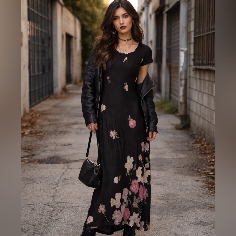 Vintage NOC LOVE 90's Fairycore Dark Floral Satin Maxi Dress Size S Whimsygoth